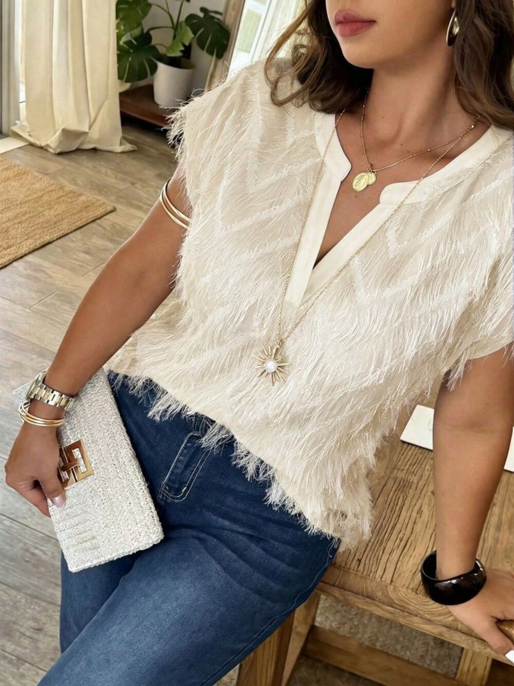Apricot Casual Women's Plus Size  Tassel Glitter V-Neck Short Sleeve Top